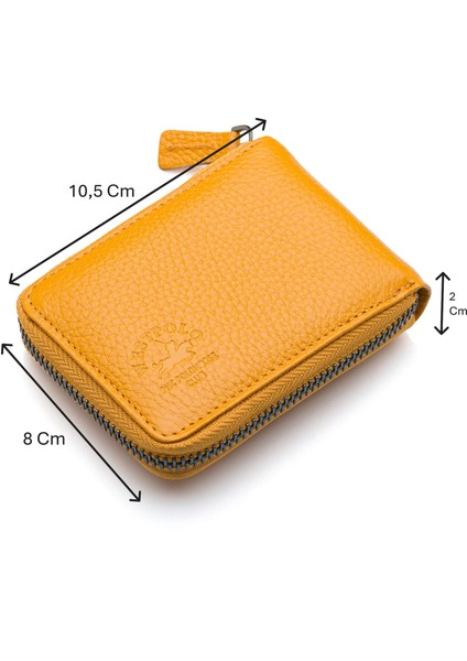 Hakiki Deri Kağıt Para ve Bol Şeffaf Kart Bölmeli, Fermuarlı Unisex Kartlık - Hardal