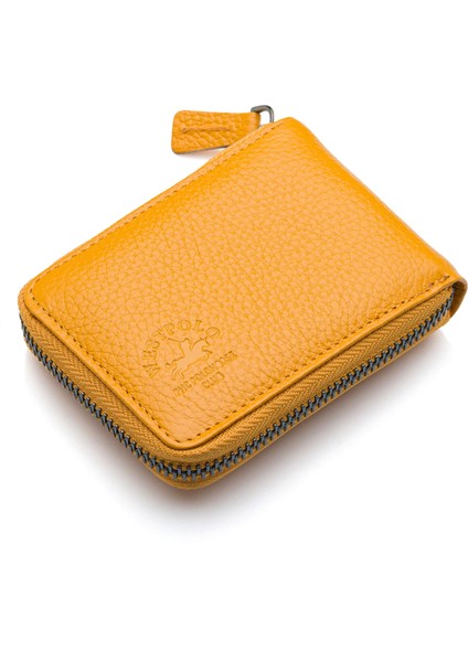 Hakiki Deri Kağıt Para ve Bol Şeffaf Kart Bölmeli, Fermuarlı Unisex Kartlık - Hardal fiyatları