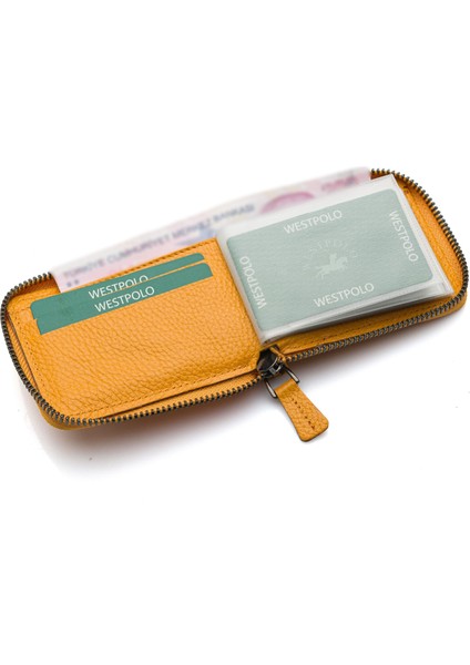 Hakiki Deri Kağıt Para ve Bol Şeffaf Kart Bölmeli, Fermuarlı Unisex Kartlık - Hardal modelleri