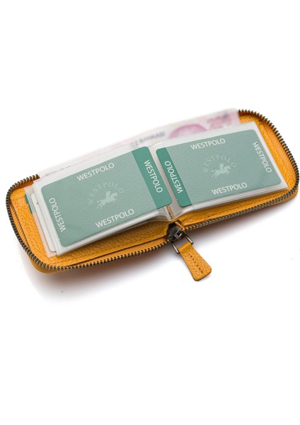 Hakiki Deri Kağıt Para ve Bol Şeffaf Kart Bölmeli, Fermuarlı Unisex Kartlık - Hardal fırsatları