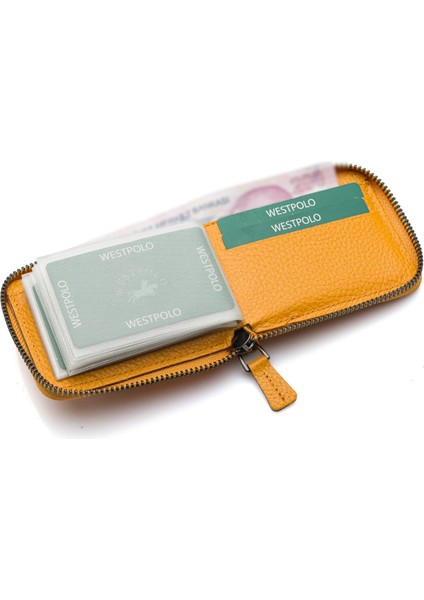 Hakiki Deri Kağıt Para ve Bol Şeffaf Kart Bölmeli, Fermuarlı Unisex Kartlık - Hardal indirimleri