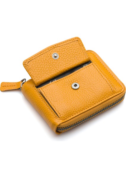 Hakiki Deri Kağıt Para ve Bol Şeffaf Kart Bölmeli, Fermuarlı Unisex Kartlık - Hardal