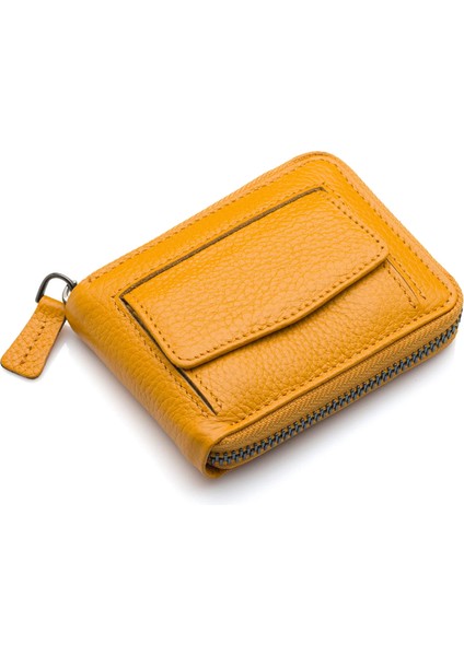 Hakiki Deri Kağıt Para ve Bol Şeffaf Kart Bölmeli, Fermuarlı Unisex Kartlık - Hardal