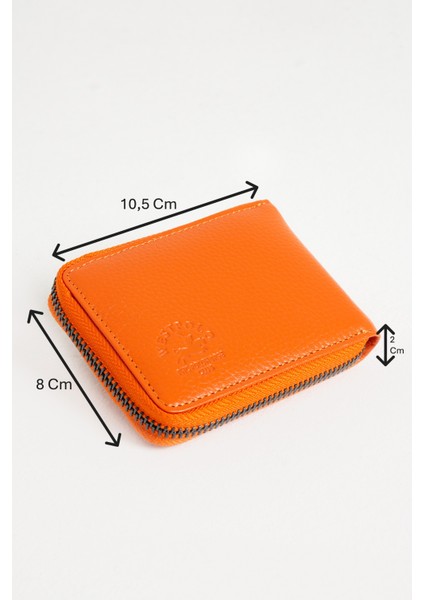 Hakiki Deri Kağıt Para ve Bol Şeffaf Kart Bölmeli, Fermuarlı Unisex Kartlık - Turuncu