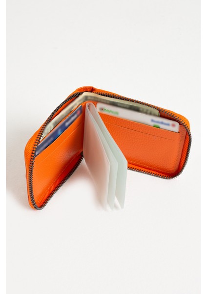 Hakiki Deri Kağıt Para ve Bol Şeffaf Kart Bölmeli, Fermuarlı Unisex Kartlık - Turuncu modelleri