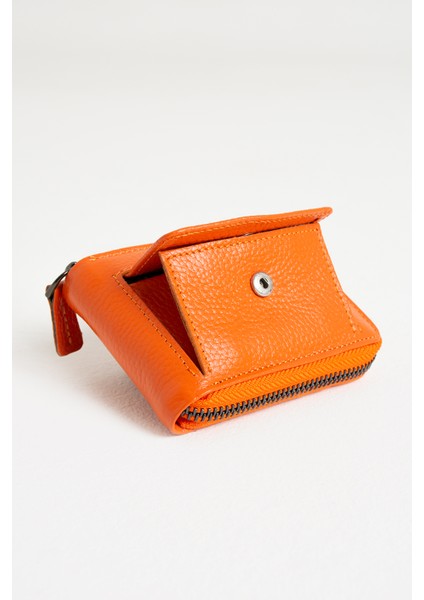 Hakiki Deri Kağıt Para ve Bol Şeffaf Kart Bölmeli, Fermuarlı Unisex Kartlık - Turuncu indirimleri