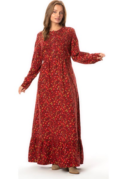 Uzun Kol Sümeyye Pazen Düğmeli Papatya Desen Sonbahar ve Kışlık Uzun Elbise Bordo Brd