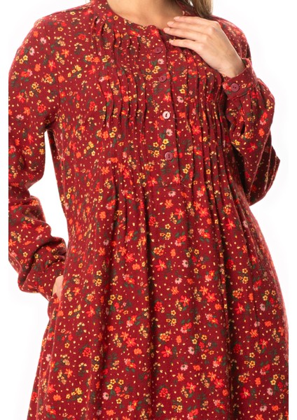 Uzun Kol Sümeyye Pazen Düğmeli Papatya Desen Sonbahar ve Kışlık Uzun Elbise Bordo Brd modelleri