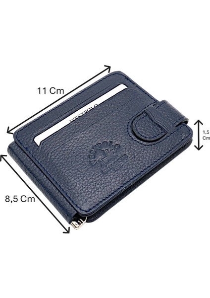 Hakiki Deri Çift Taraflı Kullanıma Uygun Kuşaklı Kağıt Para Klipsli Unisex Kartlık-Lacivert