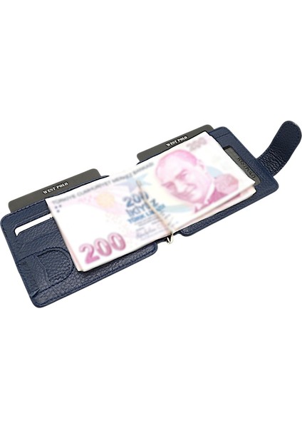 Hakiki Deri Çift Taraflı Kullanıma Uygun Kuşaklı Kağıt Para Klipsli Unisex Kartlık-Lacivert fırsatları