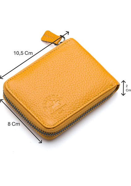 Hakiki Deri Kağıt Para ve Bol Şeffaf Kart Bölmeli, Fermuarlı Unisex Kartlık - Hardal
