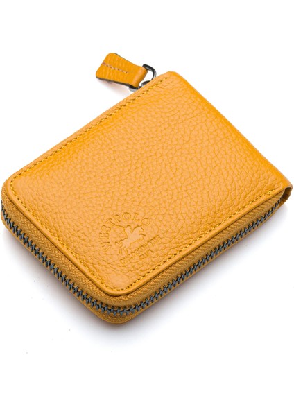 Hakiki Deri Kağıt Para ve Bol Şeffaf Kart Bölmeli, Fermuarlı Unisex Kartlık - Hardal fiyatları