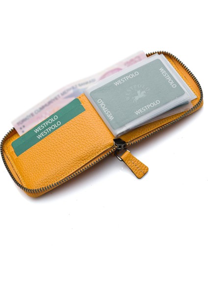 Hakiki Deri Kağıt Para ve Bol Şeffaf Kart Bölmeli, Fermuarlı Unisex Kartlık - Hardal modelleri