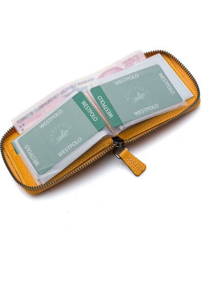 Hakiki Deri Kağıt Para ve Bol Şeffaf Kart Bölmeli, Fermuarlı Unisex Kartlık - Hardal fırsatları