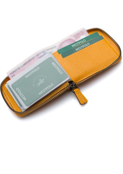 Hakiki Deri Kağıt Para ve Bol Şeffaf Kart Bölmeli, Fermuarlı Unisex Kartlık - Hardal indirimleri