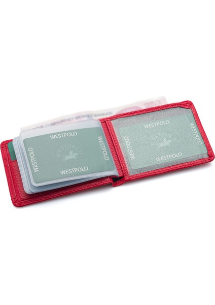 Hakiki Deri Kağıt Para ve Bol Şeffaf Kart Bölmeli Unisex Kartlık - Kırmızı indirimleri