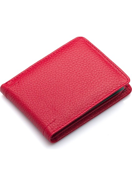 Hakiki Deri Kağıt Para ve Bol Şeffaf Kart Bölmeli Unisex Kartlık - Kırmızı