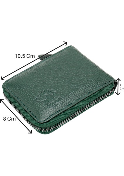 Hakiki Deri Kağıt Para ve Bol Şeffaf Kart Bölmeli, Fermuarlı Unisex Kartlık - Yeşşil