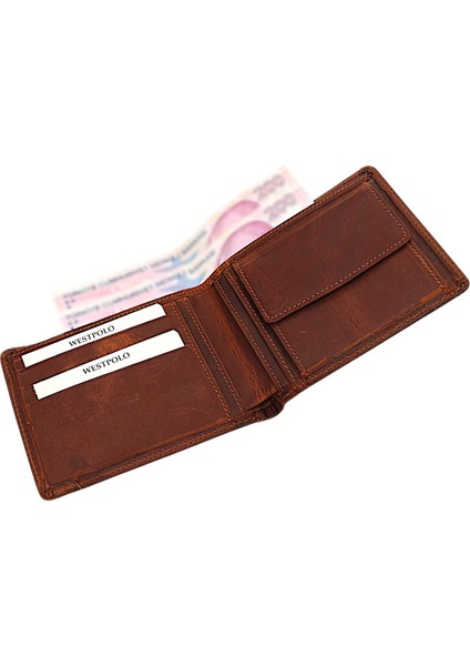 Hakiki Eskitme Deri Kağıt Para Bozuk Para ve Kartlık Bölmeli Erkek Cüzdan - G2 Taba