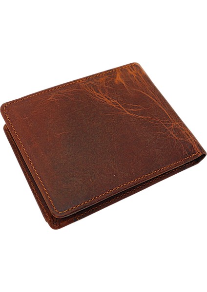 Hakiki Eskitme Deri Kağıt Para Bozuk Para ve Kartlık Bölmeli Erkek Cüzdan - G2 Taba