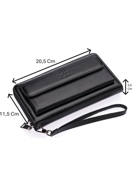 Daisy Unisex Hakiki Deri Kağıt Para ve Telefon Bölmeli Uzun Cüzdan, El Portföyü - Siyah