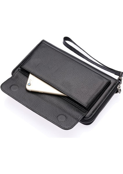 Daisy Unisex Hakiki Deri Kağıt Para ve Telefon Bölmeli Uzun Cüzdan, El Portföyü - Siyah modelleri