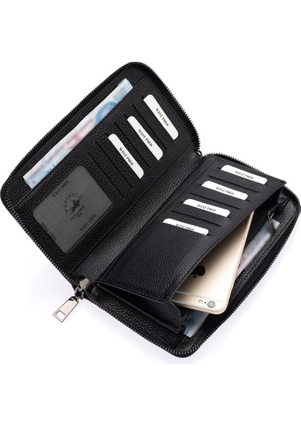 Daisy Unisex Hakiki Deri Kağıt Para ve Telefon Bölmeli Uzun Cüzdan, El Portföyü - Siyah fırsatları