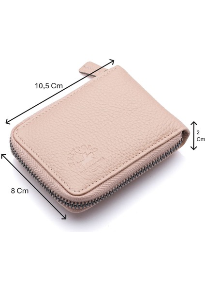 Hakiki Deri Kağıt Para ve Bol Şeffaf Kart Bölmeli, Fermuarlı Unisex Kartlık - Pudra