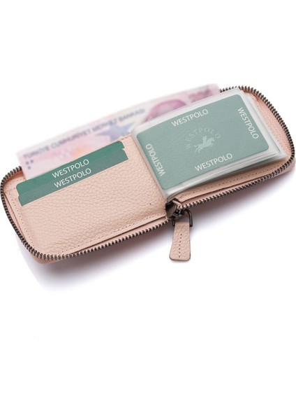 Hakiki Deri Kağıt Para ve Bol Şeffaf Kart Bölmeli, Fermuarlı Unisex Kartlık - Pudra modelleri