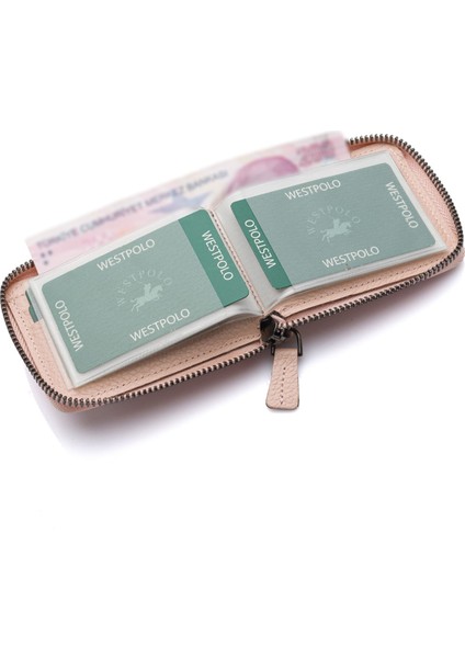 Hakiki Deri Kağıt Para ve Bol Şeffaf Kart Bölmeli, Fermuarlı Unisex Kartlık - Pudra fırsatları