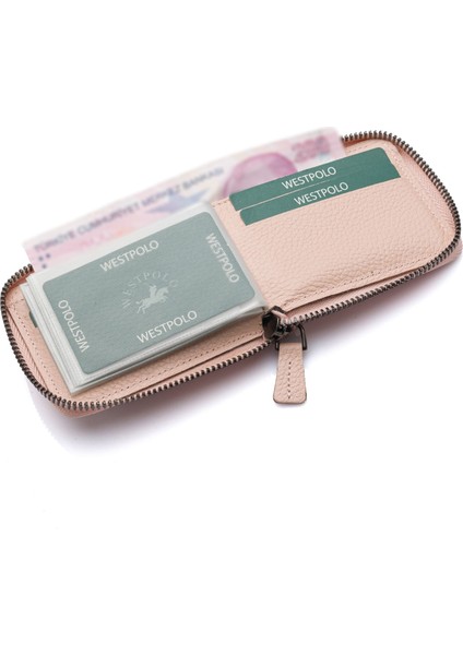 Hakiki Deri Kağıt Para ve Bol Şeffaf Kart Bölmeli, Fermuarlı Unisex Kartlık - Pudra indirimleri