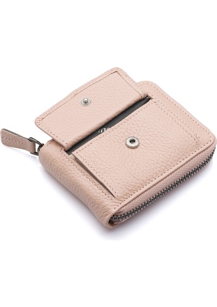 Hakiki Deri Kağıt Para ve Bol Şeffaf Kart Bölmeli, Fermuarlı Unisex Kartlık - Pudra
