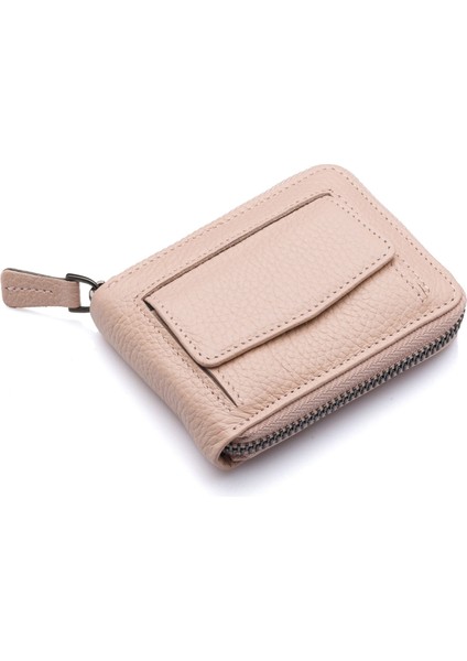 Hakiki Deri Kağıt Para ve Bol Şeffaf Kart Bölmeli, Fermuarlı Unisex Kartlık - Pudra