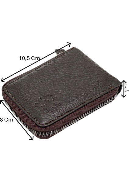 Hakiki Deri Kağıt Para ve Bol Şeffaf Kart Bölmeli, Fermuarlı Unisex Kartlık - Kahverengi