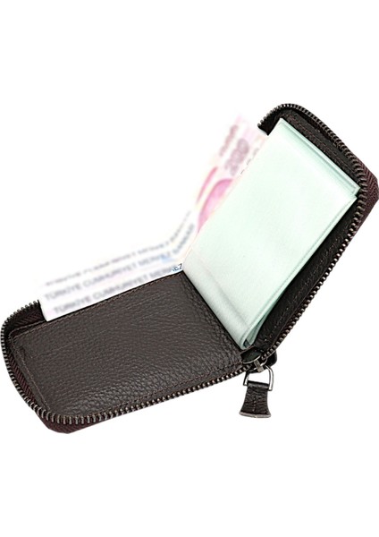 Hakiki Deri Kağıt Para ve Bol Şeffaf Kart Bölmeli, Fermuarlı Unisex Kartlık - Kahverengi modelleri