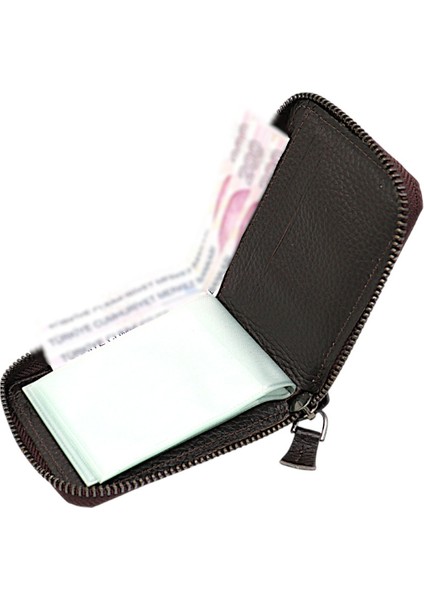 Hakiki Deri Kağıt Para ve Bol Şeffaf Kart Bölmeli, Fermuarlı Unisex Kartlık - Kahverengi fırsatları