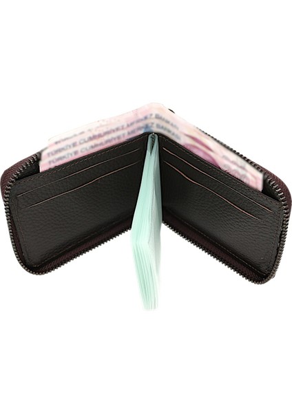 Hakiki Deri Kağıt Para ve Bol Şeffaf Kart Bölmeli, Fermuarlı Unisex Kartlık - Kahverengi indirimleri