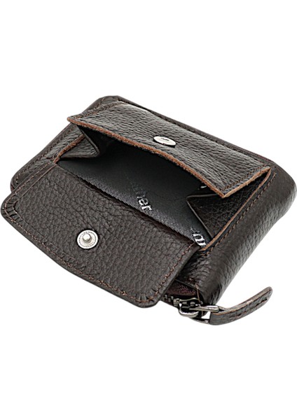 Hakiki Deri Kağıt Para ve Bol Şeffaf Kart Bölmeli, Fermuarlı Unisex Kartlık - Kahverengi