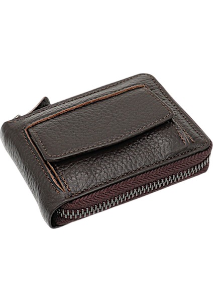 Hakiki Deri Kağıt Para ve Bol Şeffaf Kart Bölmeli, Fermuarlı Unisex Kartlık - Kahverengi