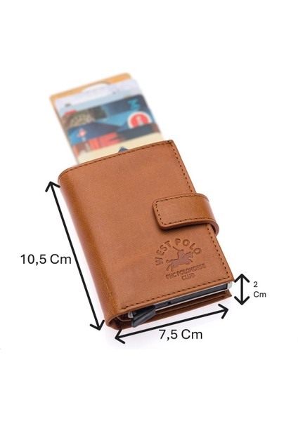 Hakiki Eskitme Deri Mekanizmalı, Kağıt Para Bölmeli ve Patlı Unisex Cüzdan Kartlık - Taba