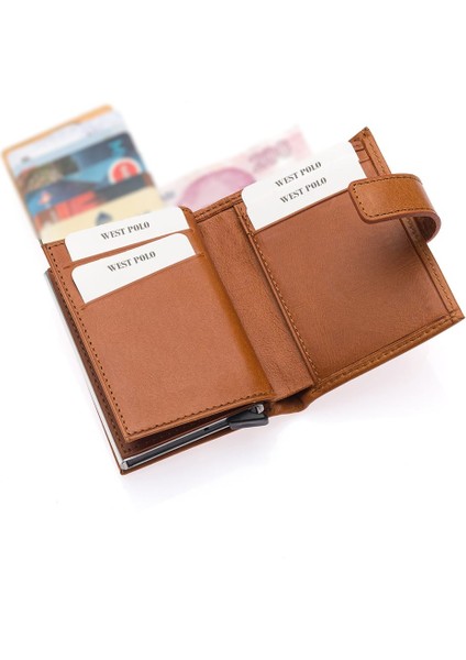 Hakiki Eskitme Deri Mekanizmalı, Kağıt Para Bölmeli ve Patlı Unisex Cüzdan Kartlık - Taba modelleri