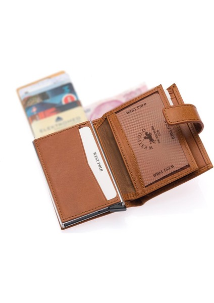Hakiki Eskitme Deri Mekanizmalı, Kağıt Para Bölmeli ve Patlı Unisex Cüzdan Kartlık - Taba fırsatları