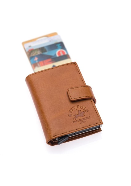 Hakiki Eskitme Deri Mekanizmalı, Kağıt Para Bölmeli ve Patlı Unisex Cüzdan Kartlık - Taba indirimleri