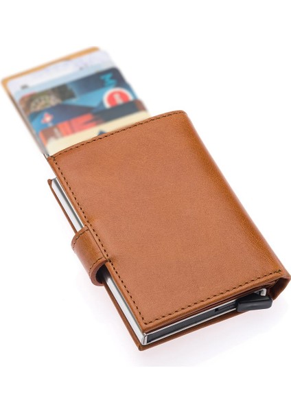 Hakiki Eskitme Deri Mekanizmalı, Kağıt Para Bölmeli ve Patlı Unisex Cüzdan Kartlık - Taba