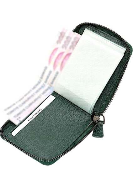 Hakiki Deri Kağıt Para ve Bol Şeffaf Kart Bölmeli, Fermuarlı Unisex Kartlık - Yeşşil modelleri