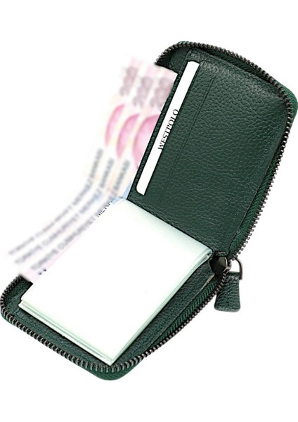 Hakiki Deri Kağıt Para ve Bol Şeffaf Kart Bölmeli, Fermuarlı Unisex Kartlık - Yeşşil fırsatları