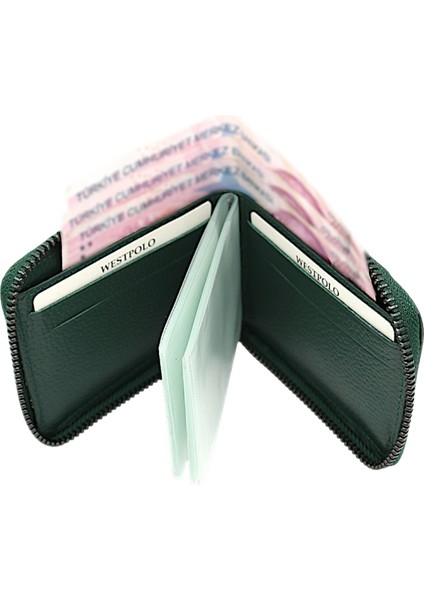 Hakiki Deri Kağıt Para ve Bol Şeffaf Kart Bölmeli, Fermuarlı Unisex Kartlık - Yeşşil indirimleri