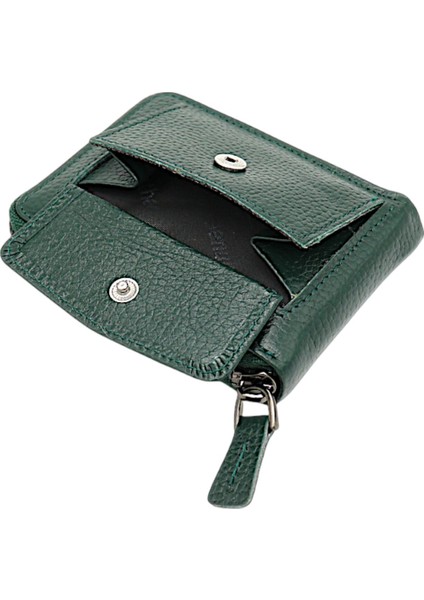 Hakiki Deri Kağıt Para ve Bol Şeffaf Kart Bölmeli, Fermuarlı Unisex Kartlık - Yeşşil