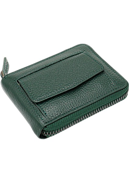 Hakiki Deri Kağıt Para ve Bol Şeffaf Kart Bölmeli, Fermuarlı Unisex Kartlık - Yeşşil