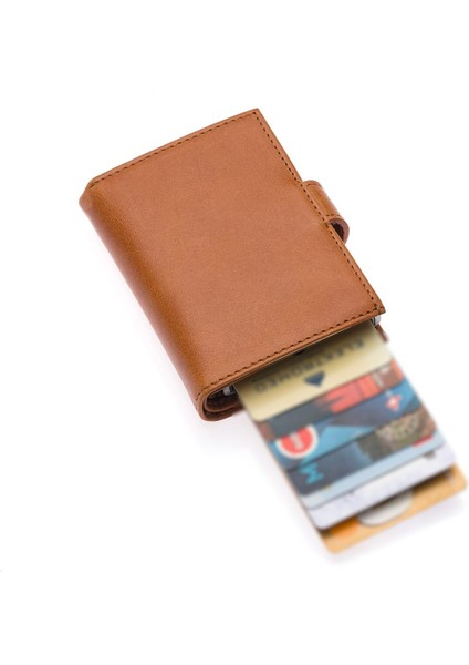 Hakiki Eskitme Deri Mekanizmalı, Kağıt Para Bölmeli ve Patlı Unisex Cüzdan Kartlık - Taba